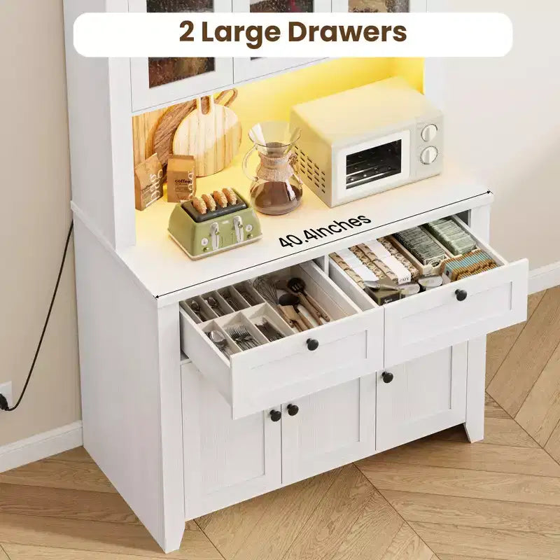 Garde-manger de cuisine moderne de 167 cm de haut avec vaisselier, buffet de bar à café avec station de recharge intégrée, grand espace de rangement avec portes vitrées et tiroirs