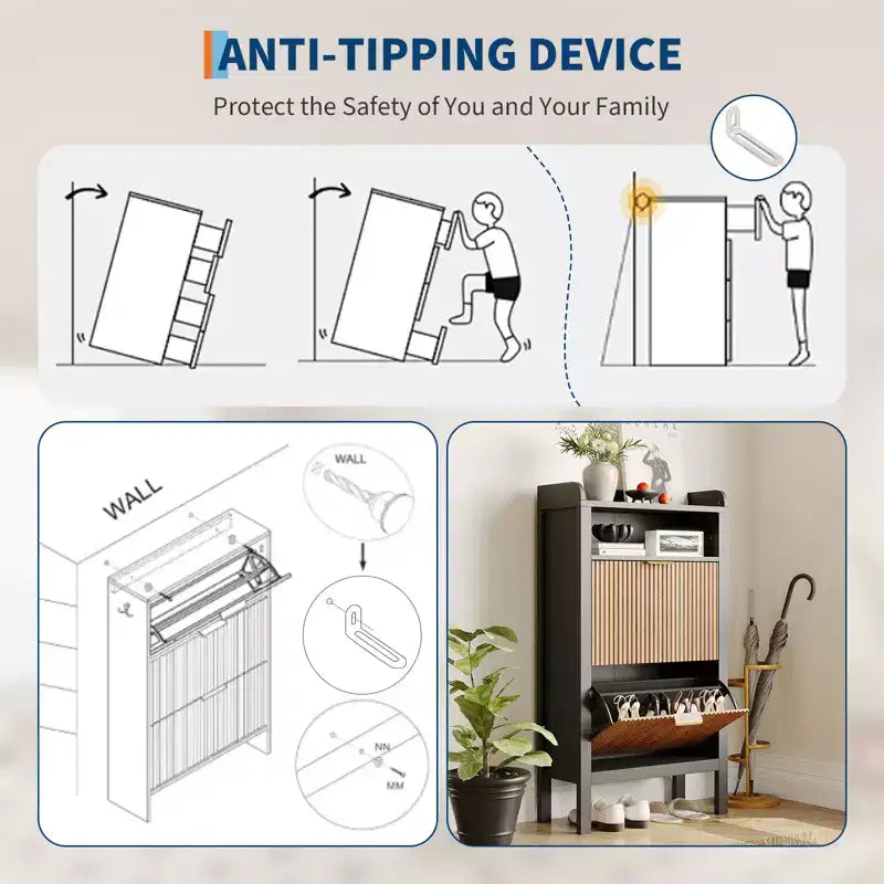Meuble à chaussures mince Acekool avec 2 tiroirs basculants et étagères ouvertes pour entrée ou chambre