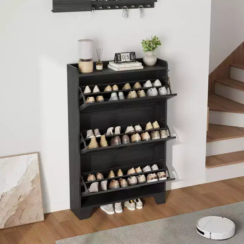 Meuble à chaussures Slim 3 tiroirs basculants Acekool avec patères, étagère à chaussures cachée de 35 cm pour entrée