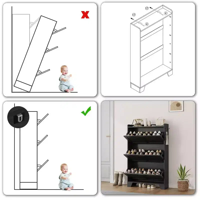Meuble à chaussures Slim 3 tiroirs basculants Acekool avec patères, étagère à chaussures cachée de 35 cm pour entrée