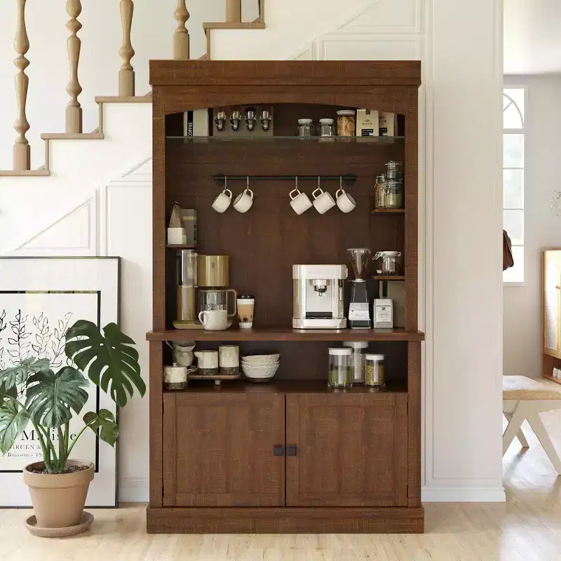 COZONY Meuble Bar à Café 72" avec Vitrine, Buffet de Ferme avec Support Micro-ondes, Casier à Vin et Étagères de Rangement