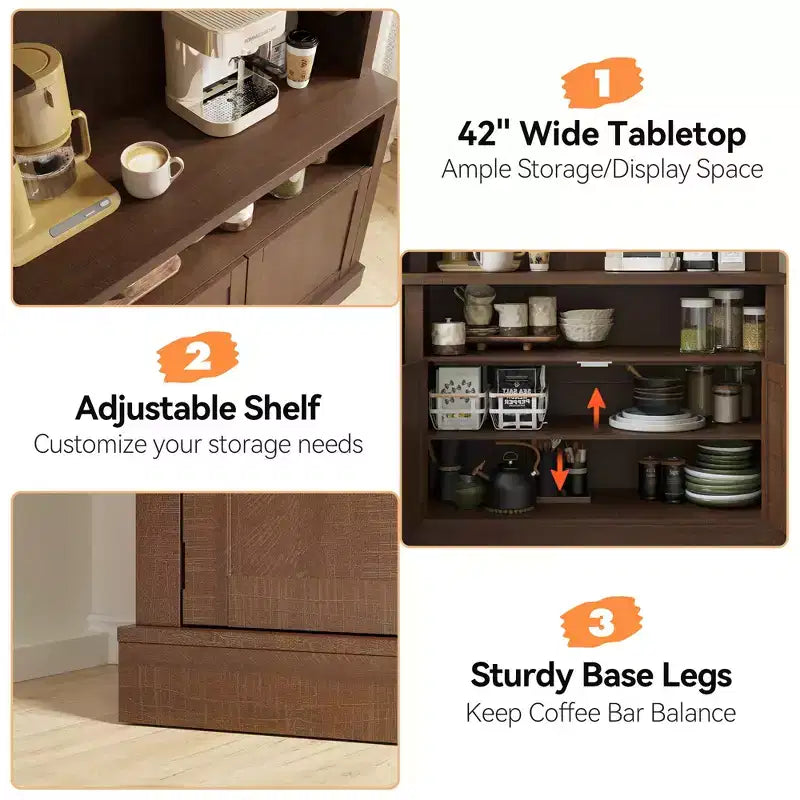 COZONY Meuble Bar à Café 72" avec Vitrine, Buffet de Ferme avec Support Micro-ondes, Casier à Vin et Étagères de Rangement