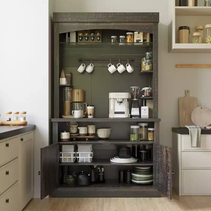 COZONY Meuble Bar à Café 72" avec Vitrine, Buffet de Ferme avec Support Micro-ondes, Casier à Vin et Étagères de Rangement