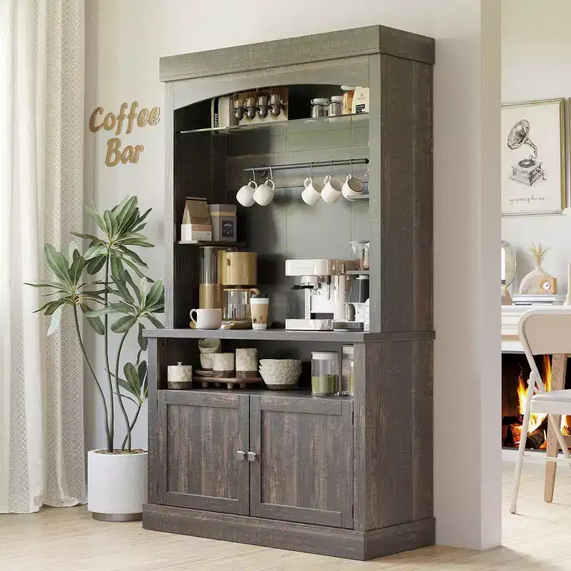 COZONY Meuble Bar à Café 72" avec Vitrine, Buffet de Ferme avec Support Micro-ondes, Casier à Vin et Étagères de Rangement