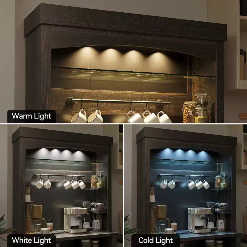 COZONY Meuble Bar à Café 72" avec Vitrine, Buffet de Ferme avec Support Micro-ondes, Casier à Vin et Étagères de Rangement