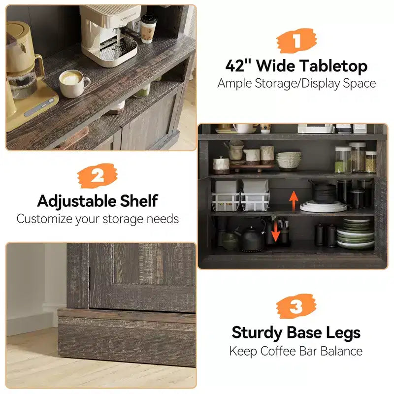 COZONY Meuble Bar à Café 72" avec Vitrine, Buffet de Ferme avec Support Micro-ondes, Casier à Vin et Étagères de Rangement