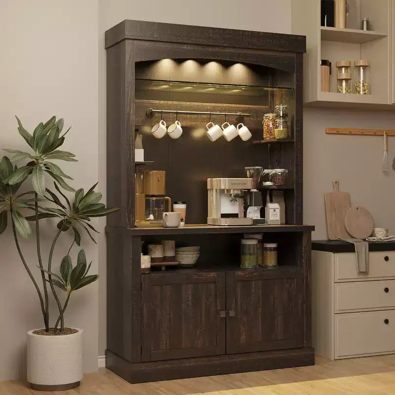 COZONY Meuble Bar à Café 72" avec Vitrine, Buffet de Ferme avec Support Micro-ondes, Casier à Vin et Étagères de Rangement