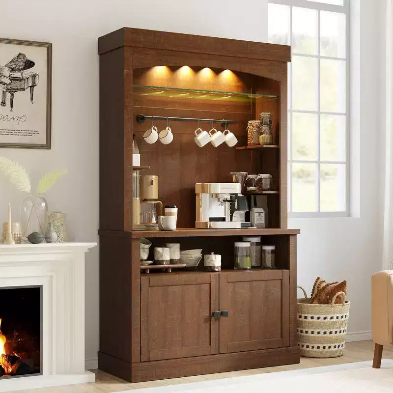 COZONY Meuble Bar à Café 72" avec Vitrine, Buffet de Ferme avec Support Micro-ondes, Casier à Vin et Étagères de Rangement