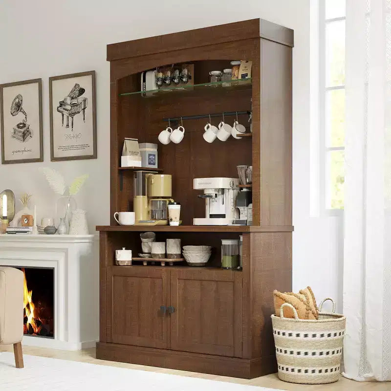 COZONY Meuble Bar à Café 72" avec Vitrine, Buffet de Ferme avec Support Micro-ondes, Casier à Vin et Étagères de Rangement