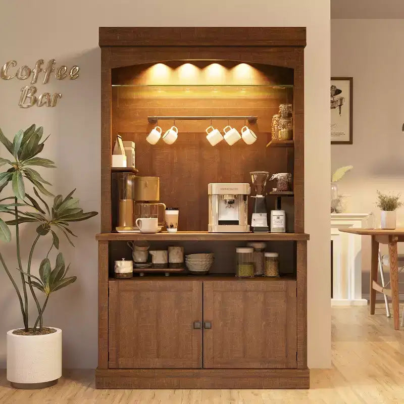 COZONY Meuble Bar à Café 72" avec Vitrine, Buffet de Ferme avec Support Micro-ondes, Casier à Vin et Étagères de Rangement