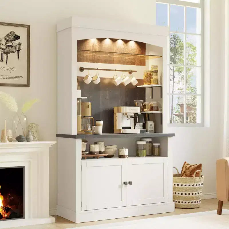 COZONY Meuble Bar à Café 72" avec Vitrine, Buffet de Ferme avec Support Micro-ondes, Casier à Vin et Étagères de Rangement