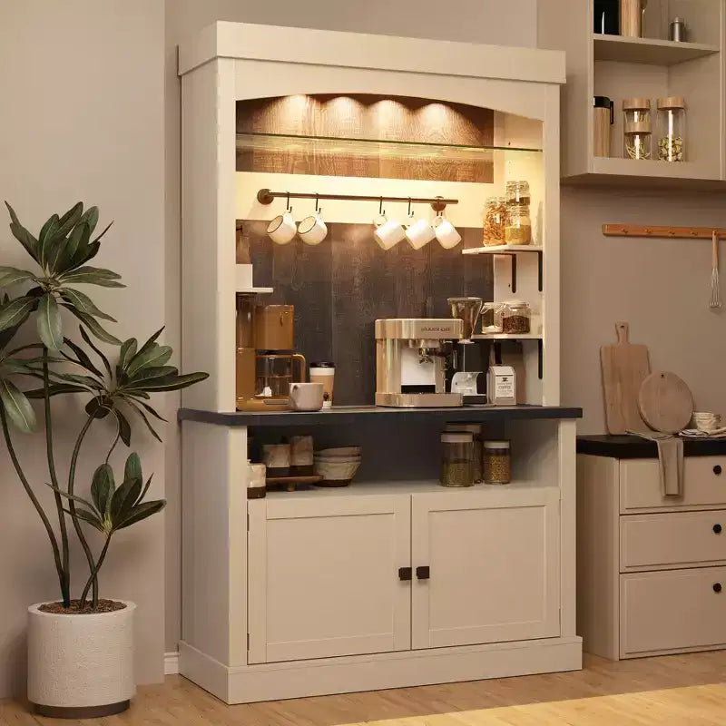 COZONY Meuble Bar à Café 72" avec Vitrine, Buffet de Ferme avec Support Micro-ondes, Casier à Vin et Étagères de Rangement