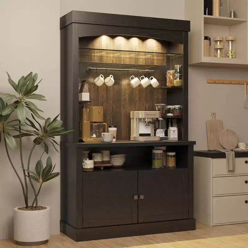 COZONY Meuble Bar à Café 72" avec Vitrine, Buffet de Ferme avec Support Micro-ondes, Casier à Vin et Étagères de Rangement