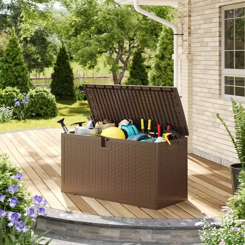 Grand coffre de rangement extérieur étanche en résine pour terrasse, de 300 à 450 litres, organisateur verrouillable pour coussins de patio, outils, équipement de piscine, aspect rotin marron ou noir