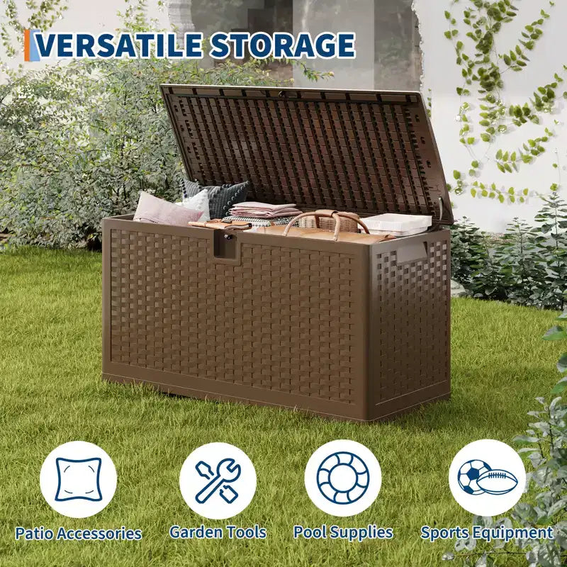 Grand coffre de rangement extérieur étanche en résine pour terrasse, de 300 à 450 litres, organisateur verrouillable pour coussins de patio, outils, équipement de piscine, aspect rotin marron ou noir