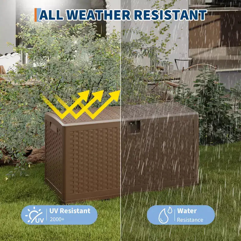 Grand coffre de rangement extérieur étanche en résine pour terrasse, de 300 à 450 litres, organisateur verrouillable pour coussins de patio, outils, équipement de piscine, aspect rotin marron ou noir