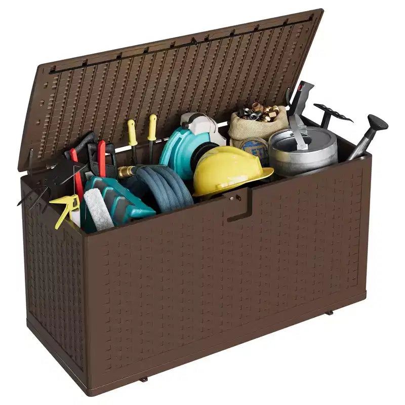 Grand coffre de rangement extérieur étanche en résine pour terrasse, de 300 à 450 litres, organisateur verrouillable pour coussins de patio, outils, équipement de piscine, aspect rotin marron ou noir