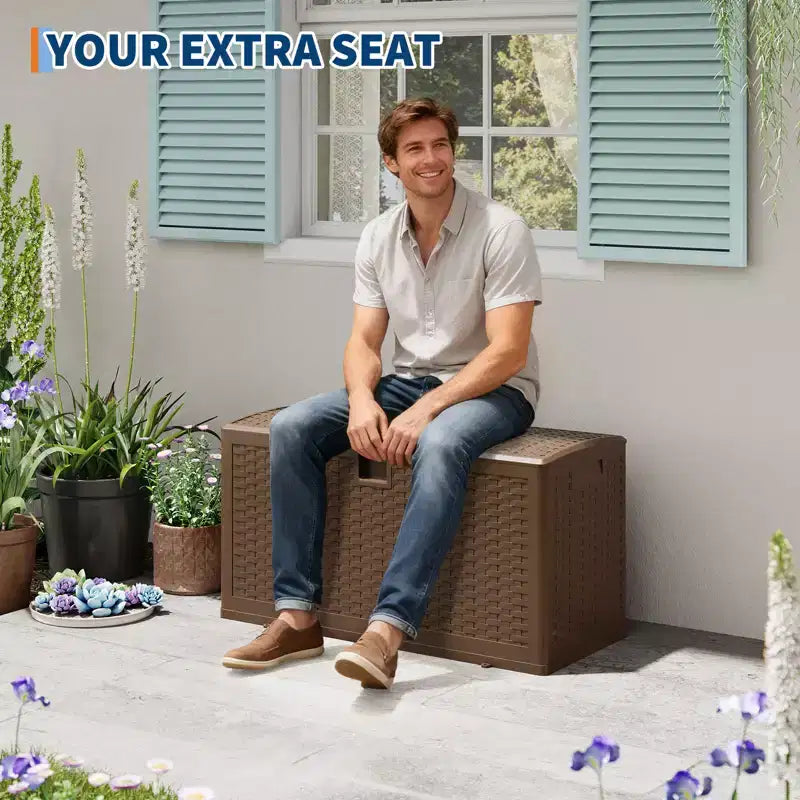 Grand coffre de rangement extérieur étanche en résine pour terrasse, de 300 à 450 litres, organisateur verrouillable pour coussins de patio, outils, équipement de piscine, aspect rotin marron ou noir