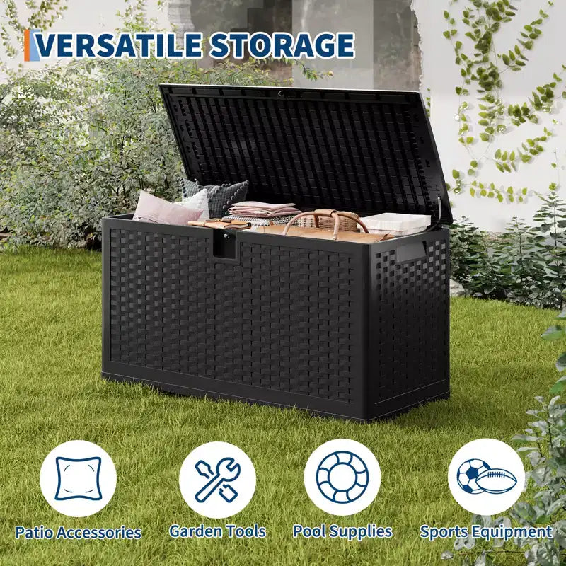 Grand coffre de rangement extérieur étanche en résine pour terrasse, de 300 à 450 litres, organisateur verrouillable pour coussins de patio, outils, équipement de piscine, aspect rotin marron ou noir