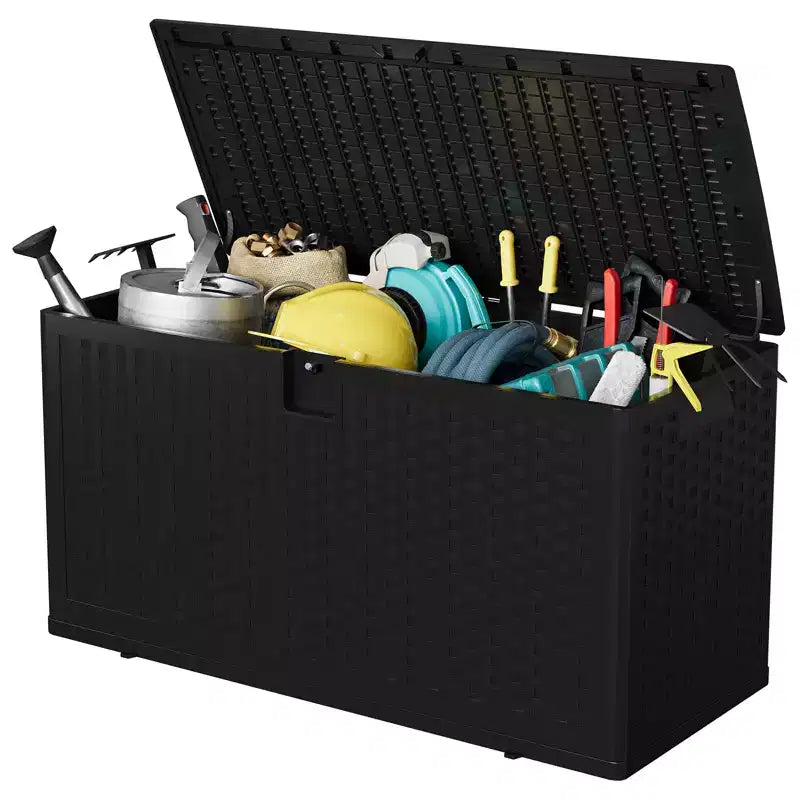 Grand coffre de rangement extérieur étanche en résine pour terrasse, de 300 à 450 litres, organisateur verrouillable pour coussins de patio, outils, équipement de piscine, aspect rotin marron ou noir