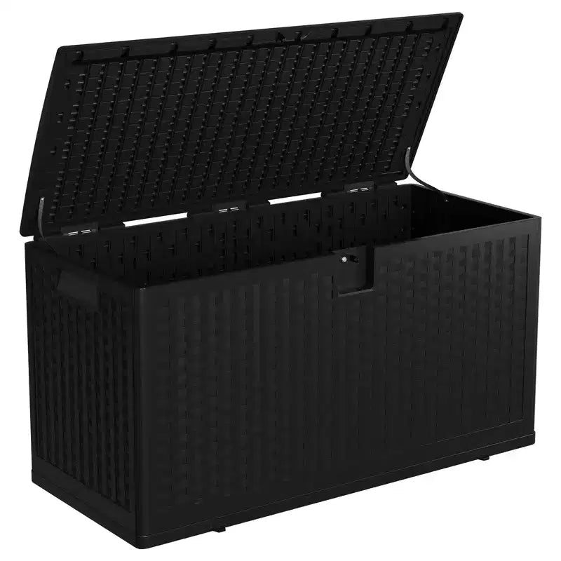 Grand coffre de rangement extérieur étanche en résine pour terrasse, de 300 à 450 litres, organisateur verrouillable pour coussins de patio, outils, équipement de piscine, aspect rotin marron ou noir