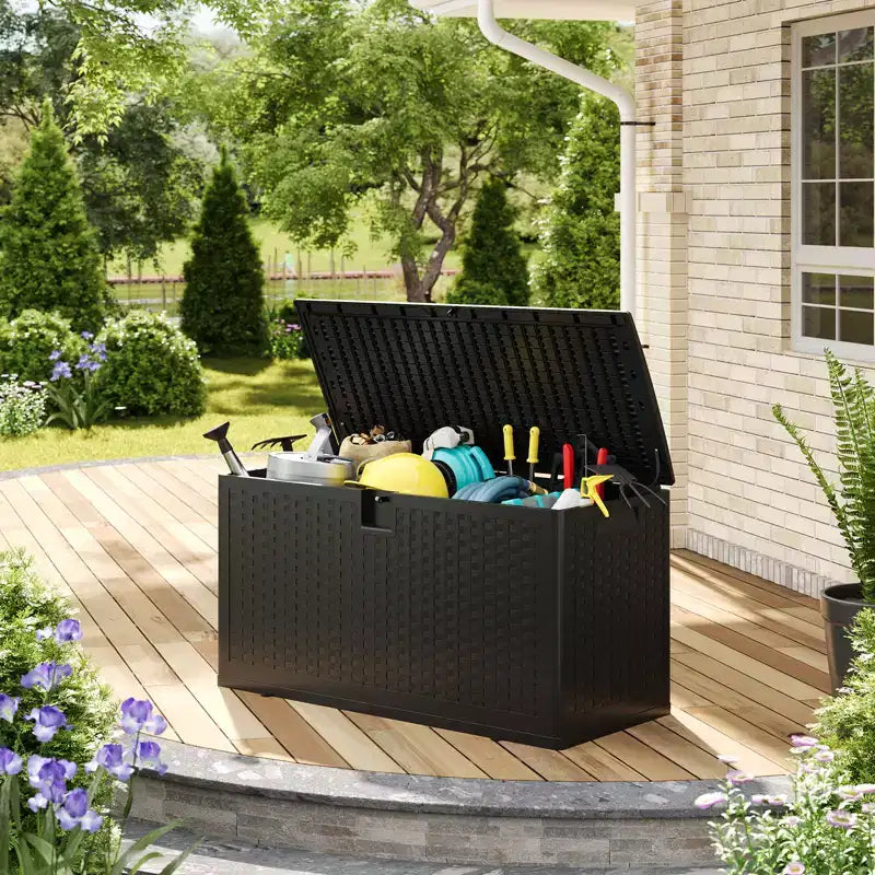 Grand coffre de rangement extérieur étanche en résine pour terrasse, de 300 à 450 litres, organisateur verrouillable pour coussins de patio, outils, équipement de piscine, aspect rotin marron ou noir