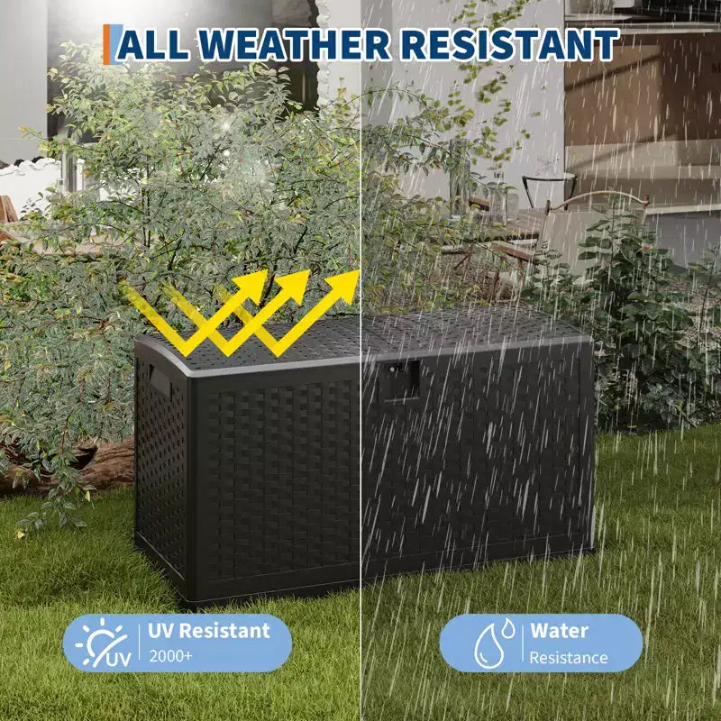 Grand coffre de rangement extérieur étanche en résine pour terrasse, de 300 à 450 litres, organisateur verrouillable pour coussins de patio, outils, équipement de piscine, aspect rotin marron ou noir
