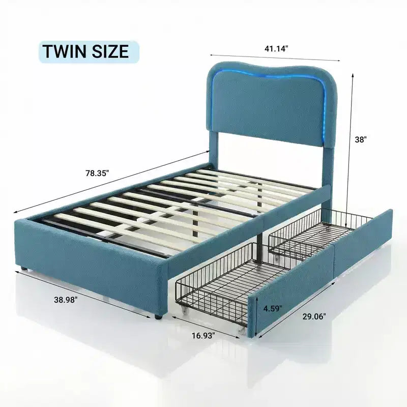 Coolmee Cadres de lit capitonnés pour enfants avec 2 tiroirs et tête de lit, joli lit jumeau avec rangement pour filles, garçons, lit plateforme robuste