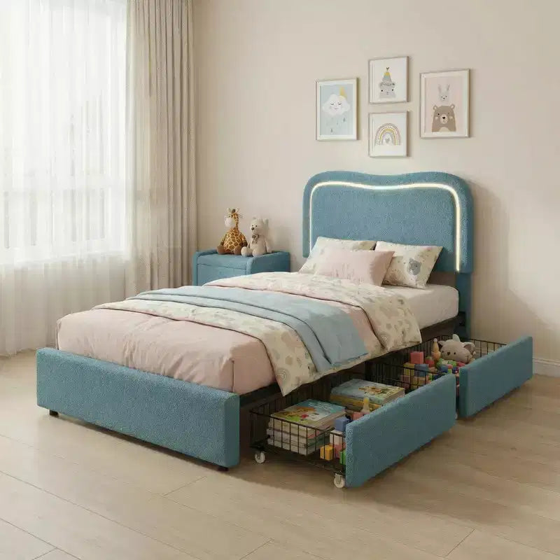 Coolmee Cadres de lit capitonnés pour enfants avec 2 tiroirs et tête de lit, joli lit jumeau avec rangement pour filles, garçons, lit plateforme robuste