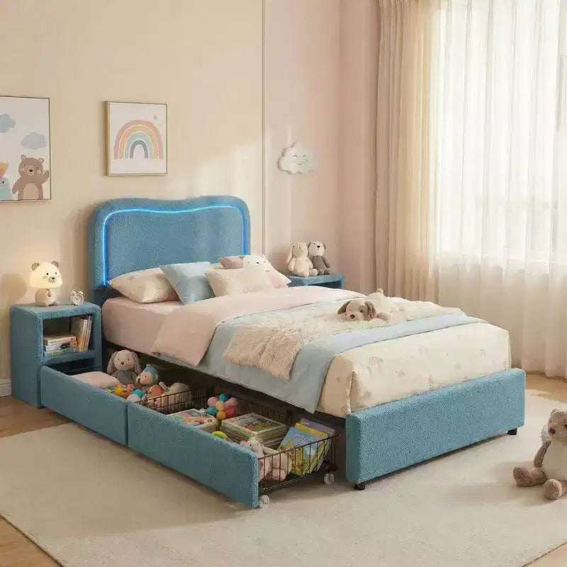 Coolmee Cadres de lit capitonnés pour enfants avec 2 tiroirs et tête de lit, joli lit jumeau avec rangement pour filles, garçons, lit plateforme robuste