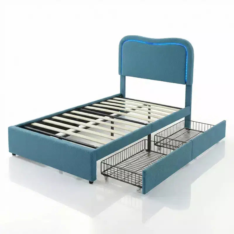 Coolmee Cadres de lit capitonnés pour enfants avec 2 tiroirs et tête de lit, joli lit jumeau avec rangement pour filles, garçons, lit plateforme robuste