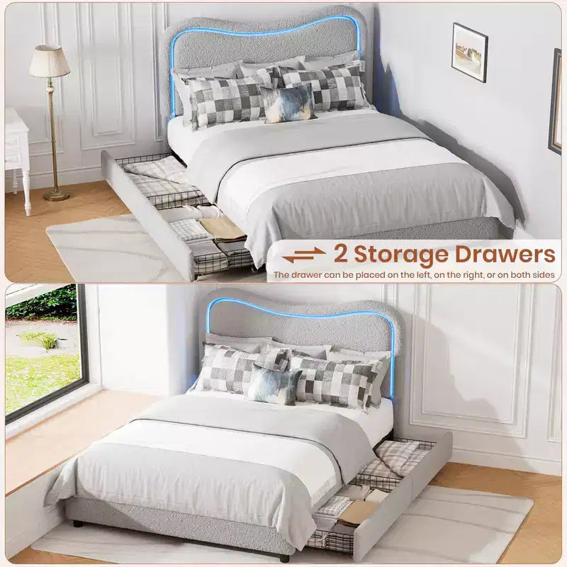 Coolmee Cadres de lit capitonnés pour enfants avec 2 tiroirs et tête de lit, joli lit jumeau avec rangement pour filles, garçons, lit plateforme robuste