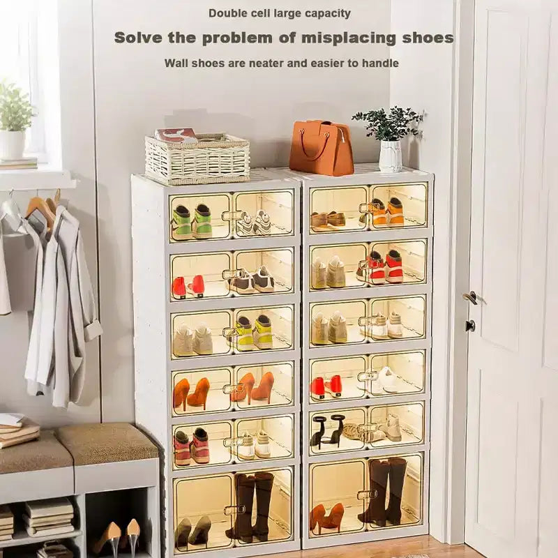 Boîte de rangement à chaussures transparente et empilable avec porte magnétique, organisateur de chaussures pliable en plastique, aucune installation requise pour le rangement des baskets