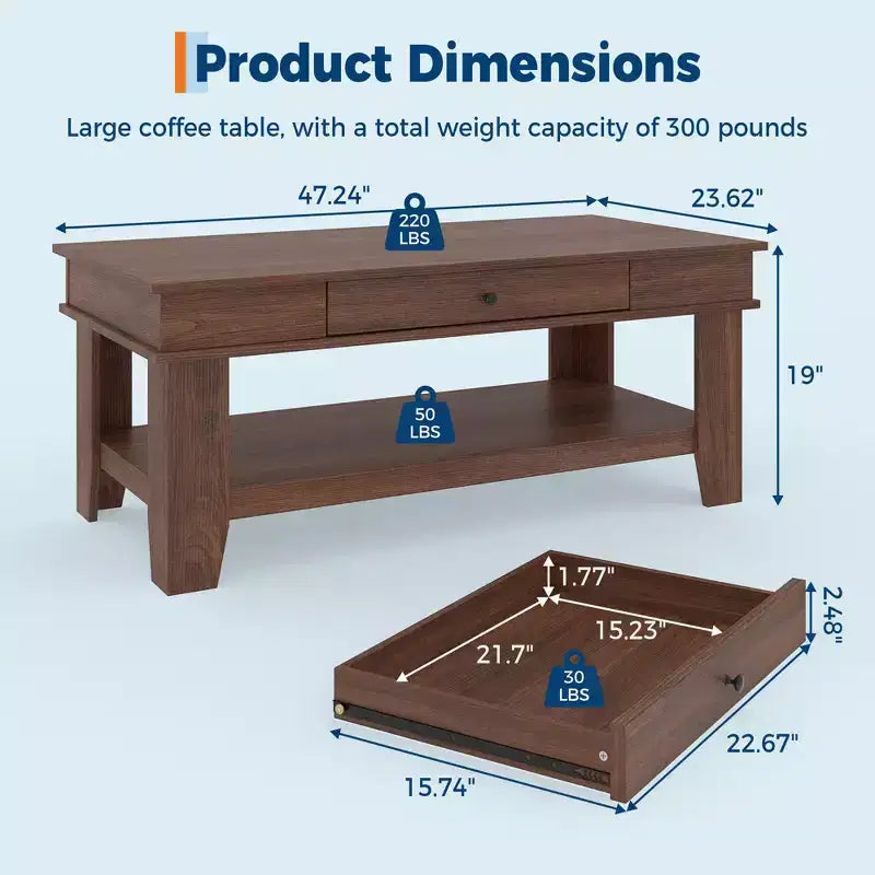 Table basse de style rustique avec rangement. Table rectangulaire en bois pour salon. Meuble pour bureau à domicile et appartement.