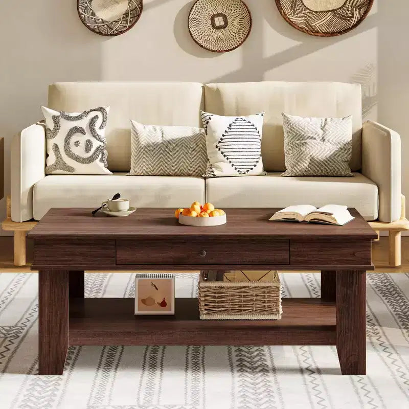 Table basse de style rustique avec rangement. Table rectangulaire en bois pour salon. Meuble pour bureau à domicile et appartement.