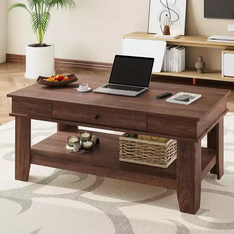 Table basse de style rustique avec rangement. Table rectangulaire en bois pour salon. Meuble pour bureau à domicile et appartement.