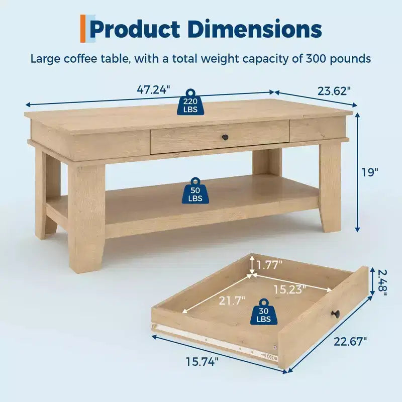 Table basse de style rustique avec rangement. Table rectangulaire en bois pour salon. Meuble pour bureau à domicile et appartement.