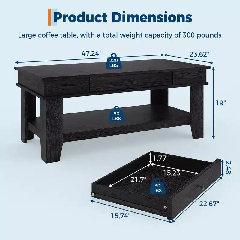 Table basse de style rustique avec rangement. Table rectangulaire en bois pour salon. Meuble pour bureau à domicile et appartement.