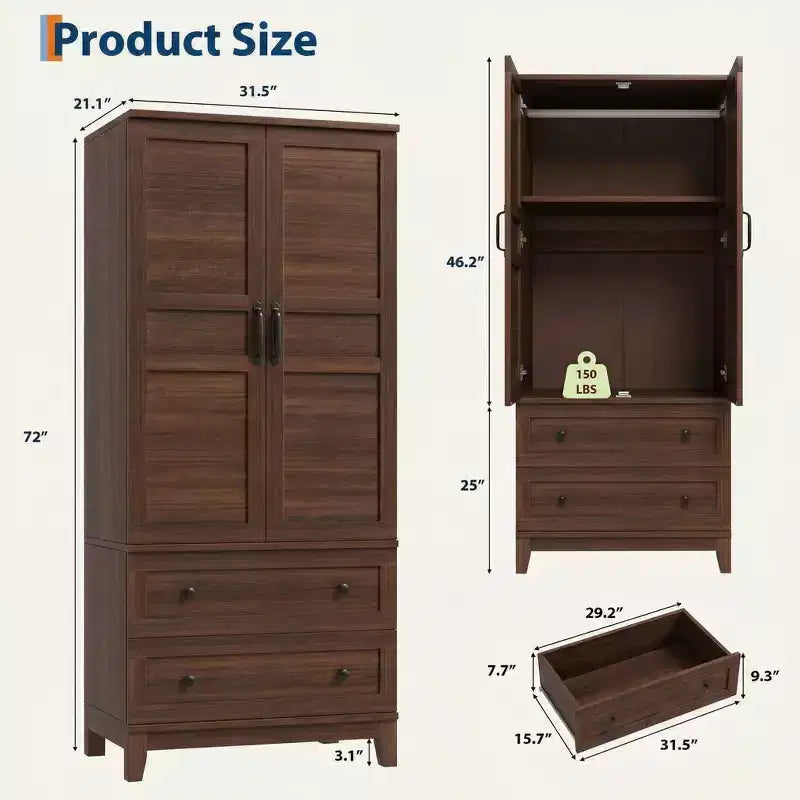Armoire de 183 cm en bois avec 2 tiroirs, robuste, penderie de chambre à coucher avec portes, tringle et étagère réglable