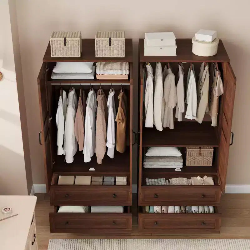 Armoire de 183 cm en bois avec 2 tiroirs, robuste, penderie de chambre à coucher avec portes, tringle et étagère réglable