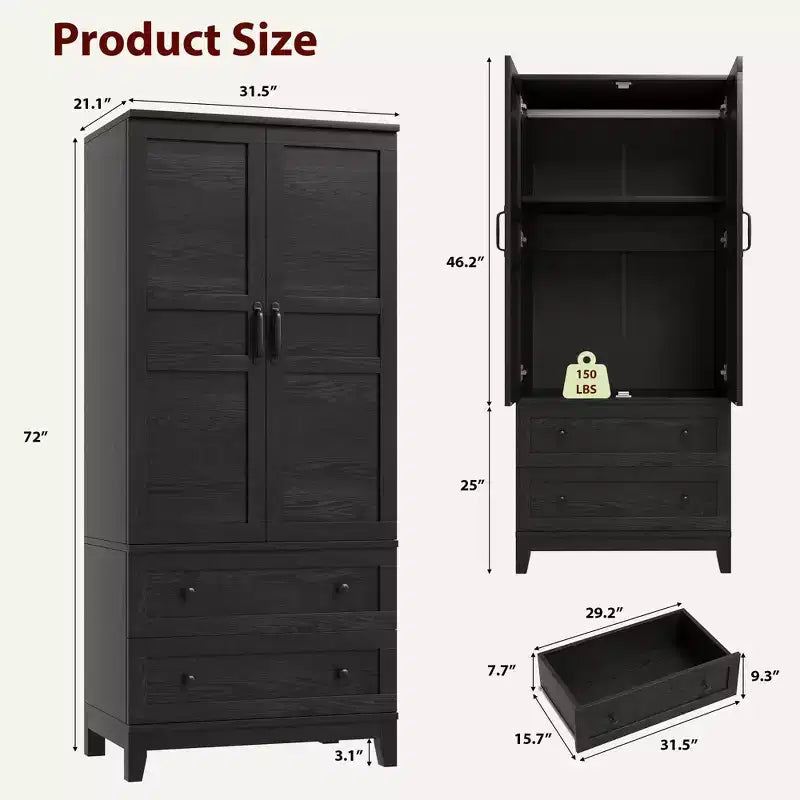 Armoire de 183 cm en bois avec 2 tiroirs, robuste, penderie de chambre à coucher avec portes, tringle et étagère réglable