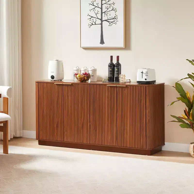 JVNOXK 63 Armoire de Rangement Verticale à Rayures, Buffet avec Rangement, Design Vague Courbe, Meuble TV Multifonctionnel pour Salon, Chambre, Noyer