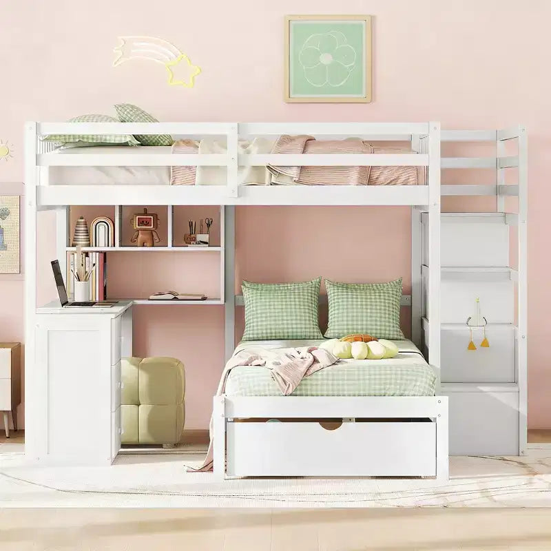 Luxystar Lit superposé moderne double au-dessus de jumeau avec bureau, 8 tiroirs et bibliothèques