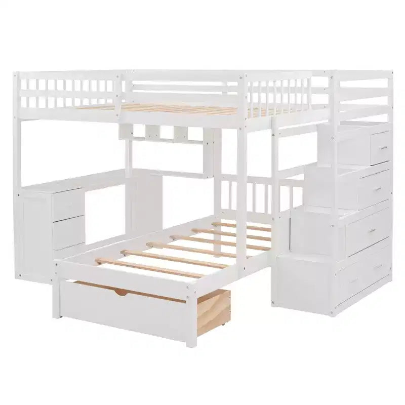 Luxystar Lit superposé moderne double au-dessus de jumeau avec bureau, 8 tiroirs et bibliothèques
