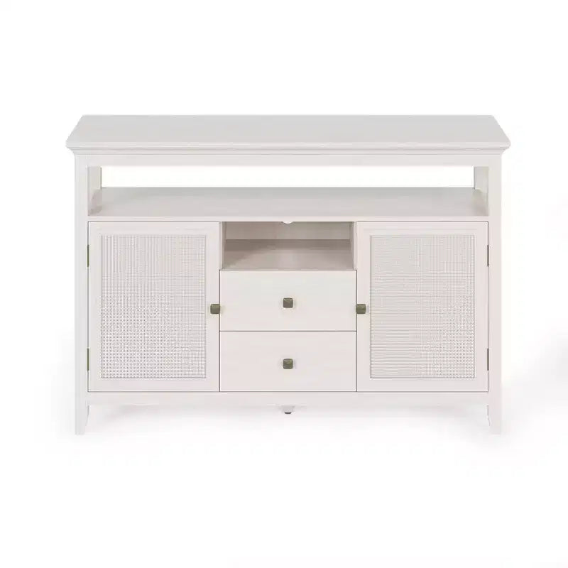 Meuble de rangement de style ferme en rotin, portes et tiroirs, étagères réglables, blanc cassé