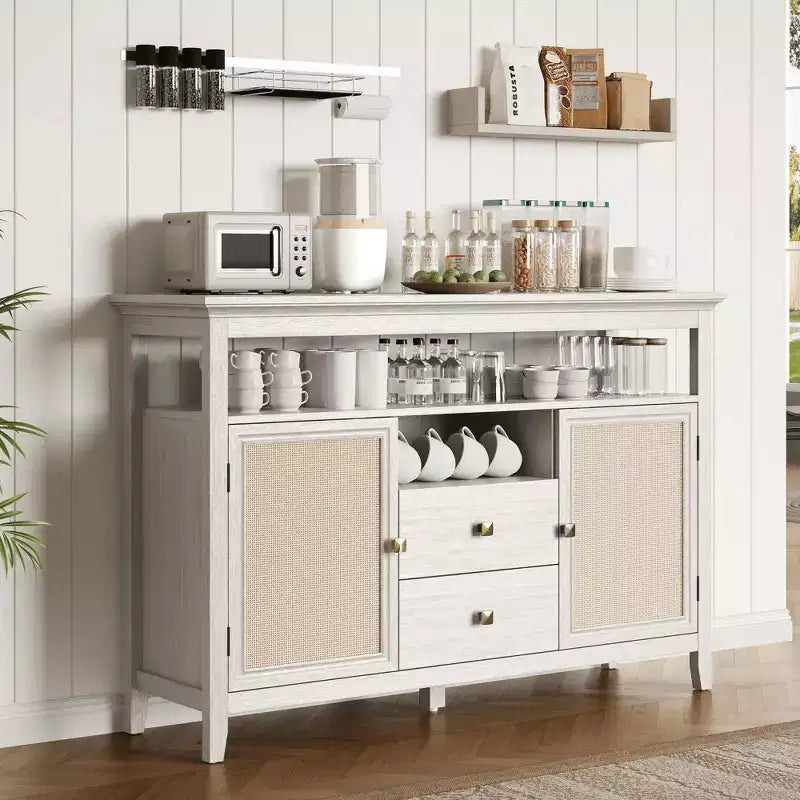 Meuble de rangement de style ferme en rotin, portes et tiroirs, étagères réglables, blanc cassé
