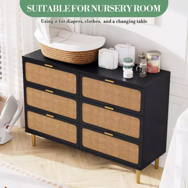Commode en rotin avec 6 tiroirs, commode haute en bois avec plateau large pour chambre à coucher, salon, couloir, noir