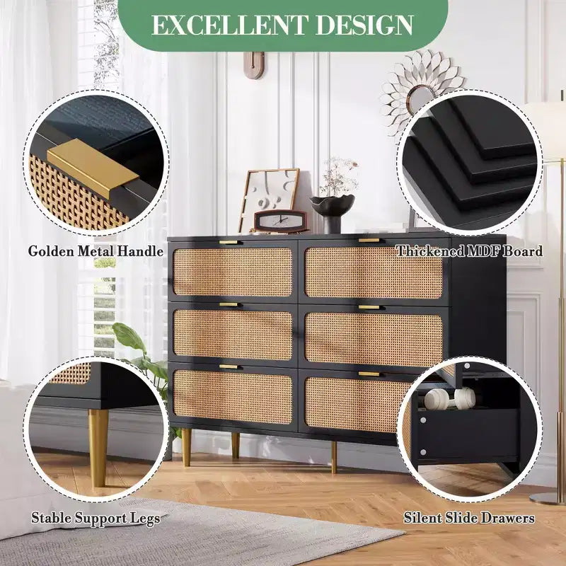 Commode en rotin avec 6 tiroirs, commode haute en bois avec plateau large pour chambre à coucher, salon, couloir, noir