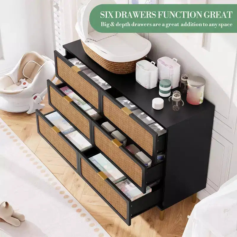 Commode en rotin avec 6 tiroirs, commode haute en bois avec plateau large pour chambre à coucher, salon, couloir, noir