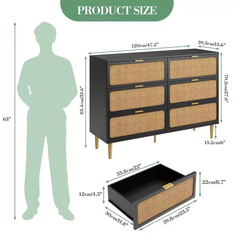 Commode en rotin avec 6 tiroirs, commode haute en bois avec plateau large pour chambre à coucher, salon, couloir, noir